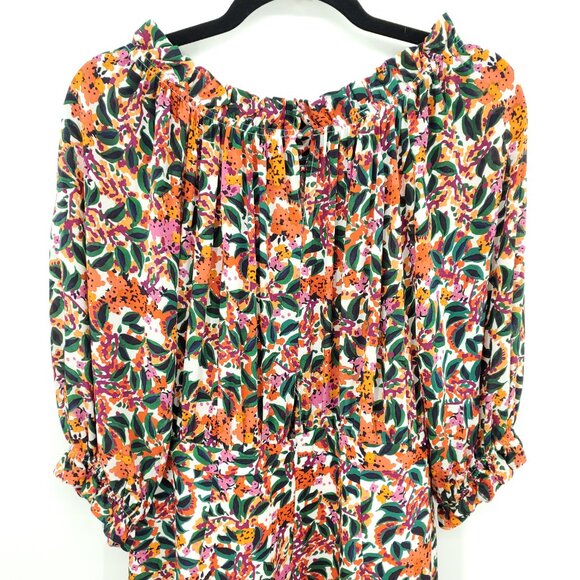 SALONI Floral Grace Silk Tea-Length Off the Shoulder Midi Dress 12 Multi Print - Picture 10 of 16